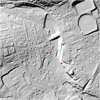 Shaded relief map of the ground around HD22UE, computed from Environment Agency LiDAR. The ground here sits at about 86 m above sea level and falls 51 m across the surrounding 800 m. Surface water reaching this point runs off ground lying to the north, 39.2 m higher.