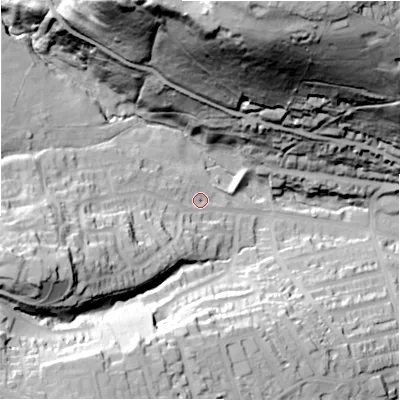 Shaded relief map of the ground around HD22YD, computed from Environment Agency LiDAR. The ground here sits at about 109 m above sea level and falls 104 m across the surrounding 800 m. Surface water reaching this point runs off ground lying to the west-south-west, 42.3 m higher.