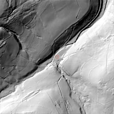 Shaded relief map of the ground around HD33HG, computed from Environment Agency LiDAR. The ground here sits at about 169 m above sea level and falls 131 m across the surrounding 800 m. Surface water reaching this point runs off ground lying to the north-west, 115.2 m higher.