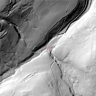 Shaded relief map of the ground around HD33HP, computed from Environment Agency LiDAR. The ground here sits at about 169 m above sea level and falls 131 m across the surrounding 800 m. Surface water reaching this point runs off ground lying to the north-west, 117.2 m higher.