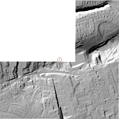 Shaded relief map of the ground around HD33JZ, computed from Environment Agency LiDAR. and falls 74 m across the surrounding 800 m. Surface water reaching this point runs off ground lying to the south-west, 45.8 m higher.