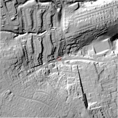 Shaded relief map of the ground around HD33LA, computed from Environment Agency LiDAR. The ground here sits at about 215 m above sea level and falls 73 m across the surrounding 800 m. Surface water reaching this point runs off ground lying to the west-south-west, 43.9 m higher.