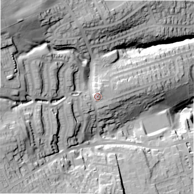 Shaded relief map of the ground around HD33LD, computed from Environment Agency LiDAR. The ground here sits at about 223 m above sea level and falls 77 m across the surrounding 800 m. Surface water reaching this point runs off ground lying to the north-north-east, 2.5 m higher.