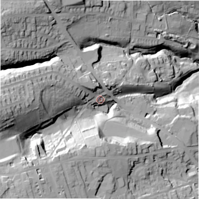 Shaded relief map of the ground around HD33NH, computed from Environment Agency LiDAR. The ground here sits at about 179 m above sea level and falls 75 m across the surrounding 800 m. Surface water reaching this point runs off ground lying to the west, 47.2 m higher.