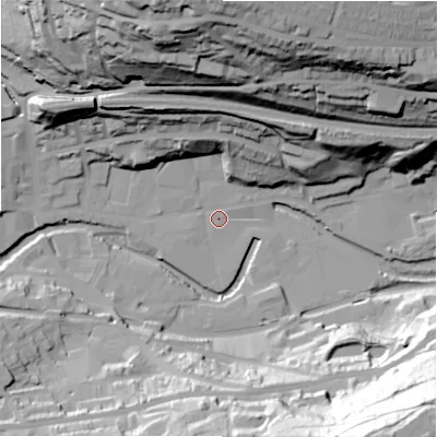 Shaded relief map of the ground around HD34GU, computed from Environment Agency LiDAR. The ground here sits at about 88 m above sea level and falls 88 m across the surrounding 800 m. Surface water reaching this point runs off ground lying to the north-north-west, 72.0 m higher.