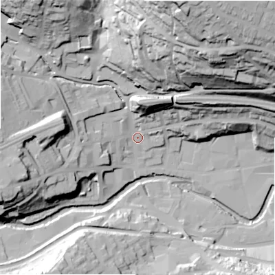 Shaded relief map of the ground around HD34HT, computed from Environment Agency LiDAR. The ground here sits at about 96 m above sea level and falls 85 m across the surrounding 800 m. Surface water reaching this point runs off ground lying to the north-north-east, 75.6 m higher.