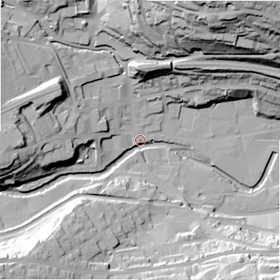 Shaded relief map of the ground around HD34HY, computed from Environment Agency LiDAR. The ground here sits at about 93 m above sea level and falls 75 m across the surrounding 800 m. Surface water reaching this point runs off ground lying to the north-north-east, 67.5 m higher.