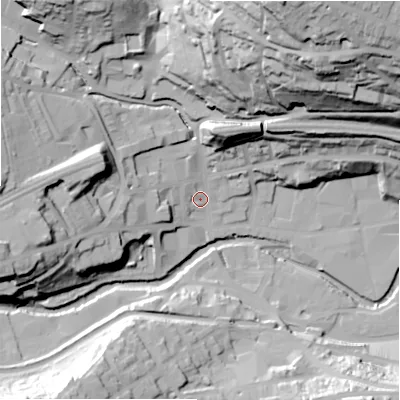 Shaded relief map of the ground around HD34HZ, computed from Environment Agency LiDAR. The ground here sits at about 95 m above sea level and falls 82 m across the surrounding 800 m. Surface water reaching this point runs off ground lying to the north-north-east, 73.5 m higher.