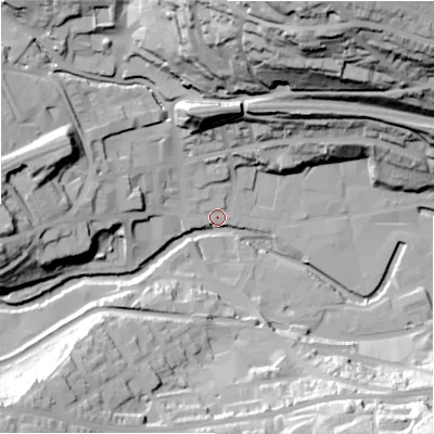 Shaded relief map of the ground around HD34JA, computed from Environment Agency LiDAR. The ground here sits at about 92 m above sea level and falls 77 m across the surrounding 800 m. Surface water reaching this point runs off ground lying to the north-north-east, 69.5 m higher.