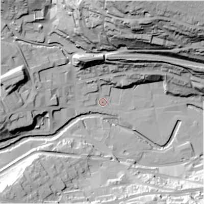 Shaded relief map of the ground around HD34JB, computed from Environment Agency LiDAR. The ground here sits at about 91 m above sea level and falls 79 m across the surrounding 800 m. Surface water reaching this point runs off ground lying to the north-north-east, 72.3 m higher.