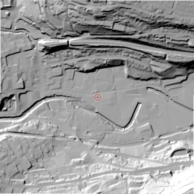 Shaded relief map of the ground around HD34JD, computed from Environment Agency LiDAR. The ground here sits at about 89 m above sea level and falls 88 m across the surrounding 800 m. Surface water reaching this point runs off ground lying to the north, 69.3 m higher.