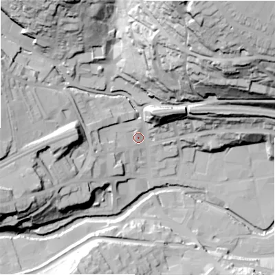 Shaded relief map of the ground around HD34JT, computed from Environment Agency LiDAR. The ground here sits at about 98 m above sea level and falls 86 m across the surrounding 800 m. Surface water reaching this point runs off ground lying to the north-north-east, 75.2 m higher.