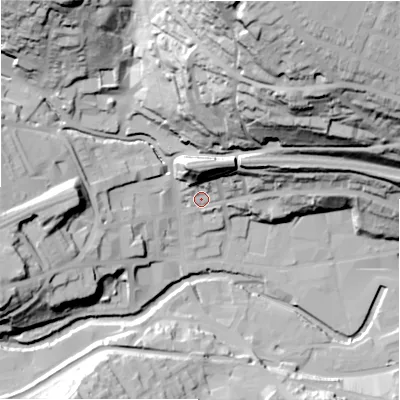 Shaded relief map of the ground around HD34JY, computed from Environment Agency LiDAR. The ground here sits at about 97 m above sea level and falls 87 m across the surrounding 800 m. Surface water reaching this point runs off ground lying to the north, 22.7 m higher.