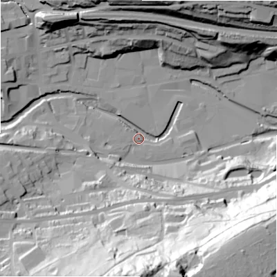 Shaded relief map of the ground around HD34NB, computed from Environment Agency LiDAR. The ground here sits at about 90 m above sea level and falls 99 m across the surrounding 800 m. Surface water reaching this point runs off ground lying to the south-south-east, 94.8 m higher.
