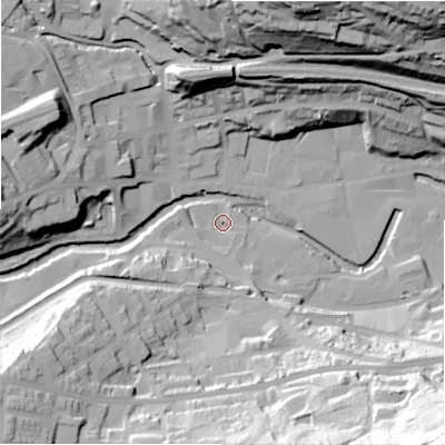 Shaded relief map of the ground around HD34NF, computed from Environment Agency LiDAR. The ground here sits at about 90 m above sea level and falls 85 m across the surrounding 800 m. Surface water reaching this point runs off ground lying to the south-east, 56.3 m higher.