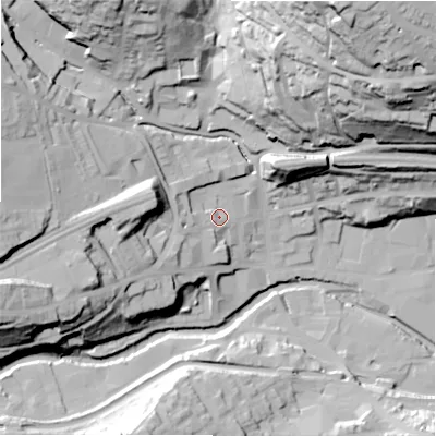 Shaded relief map of the ground around HD34PG, computed from Environment Agency LiDAR. The ground here sits at about 100 m above sea level and falls 85 m across the surrounding 800 m. Surface water reaching this point runs off ground lying to the west, 23.1 m higher.