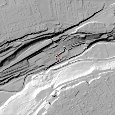 Shaded relief map of the ground around HD34QG, computed from Environment Agency LiDAR. The ground here sits at about 102 m above sea level and falls 86 m across the surrounding 800 m. Surface water reaching this point runs off ground lying to the north-west, 25.8 m higher.