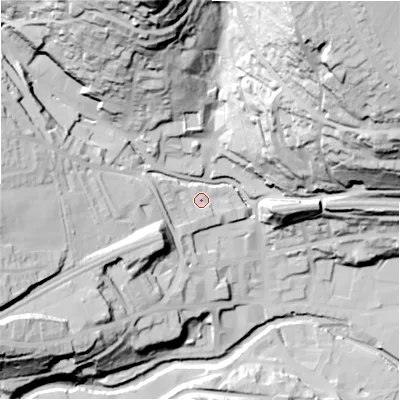 Shaded relief map of the ground around HD34QX, computed from Environment Agency LiDAR. The ground here sits at about 103 m above sea level and falls 90 m across the surrounding 800 m. Surface water reaching this point runs off ground lying to the west-south-west, 34.4 m higher.
