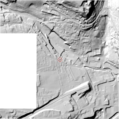Shaded relief map of the ground around HD34QY, computed from Environment Agency LiDAR. The ground here sits at about 122 m above sea level and falls 103 m across the surrounding 800 m. Surface water reaching this point runs off ground lying to the west-south-west, 16.6 m higher.