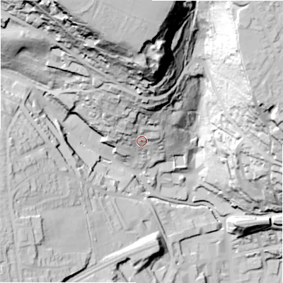 Shaded relief map of the ground around HD34TD, computed from Environment Agency LiDAR. The ground here sits at about 123 m above sea level and falls 114 m across the surrounding 800 m. Surface water reaching this point runs off ground lying to the north, 29.6 m higher.