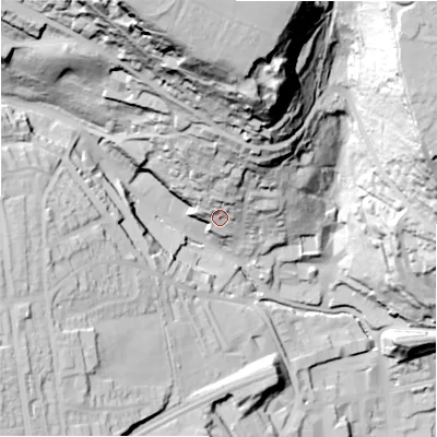Shaded relief map of the ground around HD34TE, computed from Environment Agency LiDAR. The ground here sits at about 121 m above sea level and falls 111 m across the surrounding 800 m. Surface water reaching this point runs off ground lying to the north-north-east, 64.4 m higher.