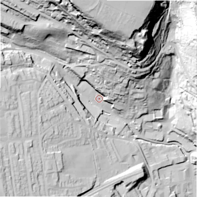 Shaded relief map of the ground around HD34TG, computed from Environment Agency LiDAR. The ground here sits at about 116 m above sea level and falls 110 m across the surrounding 800 m. Surface water reaching this point runs off ground lying to the north-north-west, 89.6 m higher.