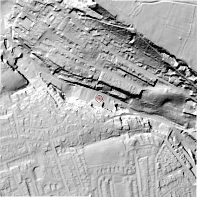 Shaded relief map of the ground around HD34TH, computed from Environment Agency LiDAR. The ground here sits at about 142 m above sea level and falls 107 m across the surrounding 800 m. Surface water reaching this point runs off ground lying to the north, 83.2 m higher.
