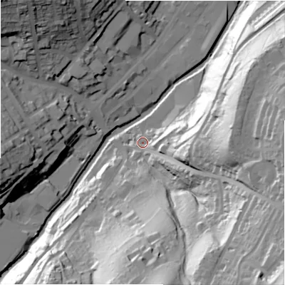 Shaded relief map of the ground around HD46BL, computed from Environment Agency LiDAR. The ground here sits at about 77 m above sea level and falls 80 m across the surrounding 800 m. Surface water reaching this point runs off ground lying to the south-east, 71.5 m higher.