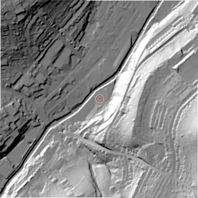 Shaded relief map of the ground around HD46BW, computed from Environment Agency LiDAR. The ground here sits at about 74 m above sea level and falls 92 m across the surrounding 800 m. Surface water reaching this point runs off ground lying to the east-south-east, 53.8 m higher.