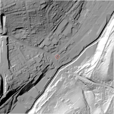 Shaded relief map of the ground around HD46EJ, computed from Environment Agency LiDAR. The ground here sits at about 78 m above sea level and falls 60 m across the surrounding 800 m. Surface water reaching this point runs off ground lying to the north-west, 8.1 m higher.
