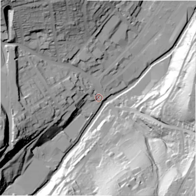 Shaded relief map of the ground around HD46EL, computed from Environment Agency LiDAR. The ground here sits at about 75 m above sea level and falls 64 m across the surrounding 800 m. Surface water reaching this point runs off ground lying to the west-south-west, 52.7 m higher.