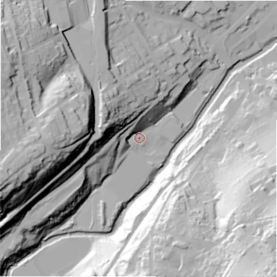 Shaded relief map of the ground around HD46EN, computed from Environment Agency LiDAR. The ground here sits at about 77 m above sea level and falls 80 m across the surrounding 800 m. Surface water reaching this point runs off ground lying to the north-west, 37.5 m higher.