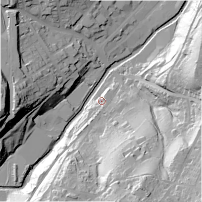 Shaded relief map of the ground around HD46EP, computed from Environment Agency LiDAR. The ground here sits at about 82 m above sea level and falls 75 m across the surrounding 800 m. Surface water reaching this point runs off ground lying to the south-west, 16.4 m higher.
