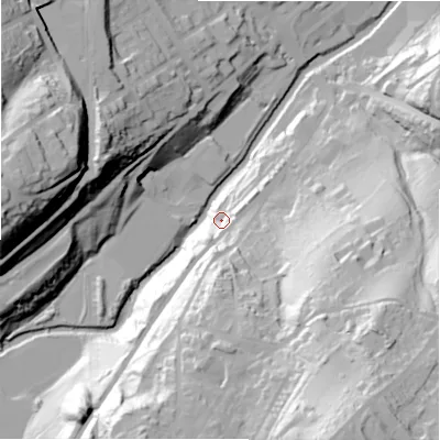 Shaded relief map of the ground around HD46EQ, computed from Environment Agency LiDAR. The ground here sits at about 84 m above sea level and falls 88 m across the surrounding 800 m. Surface water reaching this point runs off ground lying to the south-south-west, 42.5 m higher.