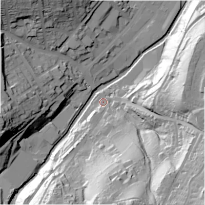 Shaded relief map of the ground around HD46EW, computed from Environment Agency LiDAR. The ground here sits at about 76 m above sea level and falls 72 m across the surrounding 800 m. Surface water reaching this point runs off ground lying to the south-south-east, 60.7 m higher.