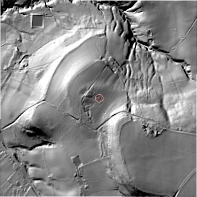 Shaded relief map of the ground around HD46UP, computed from Environment Agency LiDAR. The ground here sits at about 229 m above sea level and falls 139 m across the surrounding 800 m. Surface water reaching this point runs off ground lying to the south-south-east, 9.3 m higher.