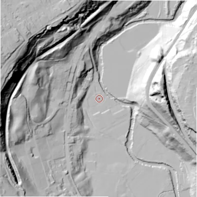 Shaded relief map of the ground around HD47BH, computed from Environment Agency LiDAR. The ground here sits at about 79 m above sea level and falls 99 m across the surrounding 800 m. Surface water reaching this point runs off ground lying to the south-west, 83.8 m higher.