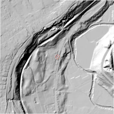 Shaded relief map of the ground around HD47BQ, computed from Environment Agency LiDAR. The ground here sits at about 98 m above sea level and falls 104 m across the surrounding 800 m. Surface water reaching this point runs off ground lying to the west, 81.9 m higher.