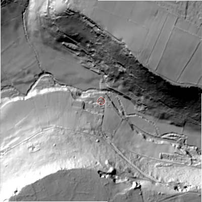 Shaded relief map of the ground around HD47BS, computed from Environment Agency LiDAR. The ground here sits at about 111 m above sea level and falls 98 m across the surrounding 800 m. Surface water reaching this point runs off ground lying to the south-west, 88.5 m higher.