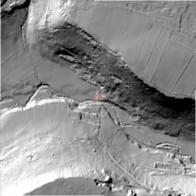 Shaded relief map of the ground around HD47DL, computed from Environment Agency LiDAR. The ground here sits at about 109 m above sea level and falls 95 m across the surrounding 800 m. Surface water reaching this point runs off ground lying to the south-west, 90.7 m higher.