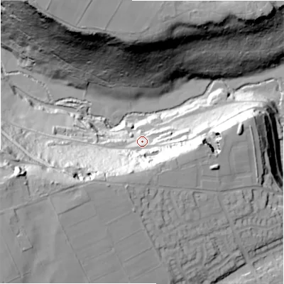 Shaded relief map of the ground around HD47DN, computed from Environment Agency LiDAR. The ground here sits at about 121 m above sea level and falls 82 m across the surrounding 800 m. Surface water reaching this point runs off ground lying to the south, 46.2 m higher.