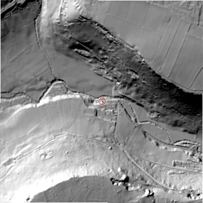 Shaded relief map of the ground around HD47EA, computed from Environment Agency LiDAR. The ground here sits at about 111 m above sea level and falls 96 m across the surrounding 800 m. Surface water reaching this point runs off ground lying to the south-south-west, 90.6 m higher.