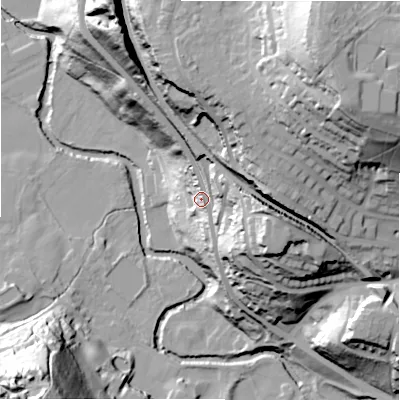 Shaded relief map of the ground around HD47LZ, computed from Environment Agency LiDAR. The ground here sits at about 104 m above sea level and falls 87 m across the surrounding 800 m. Surface water reaching this point runs off ground lying to the north-north-east, 42.9 m higher.
