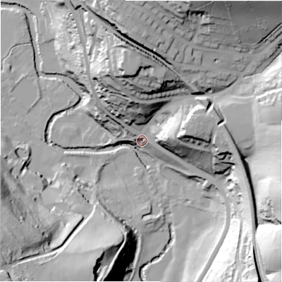 Shaded relief map of the ground around HD47NF, computed from Environment Agency LiDAR. The ground here sits at about 92 m above sea level and falls 71 m across the surrounding 800 m. Surface water reaching this point runs off ground lying to the north-north-east, 63.8 m higher.
