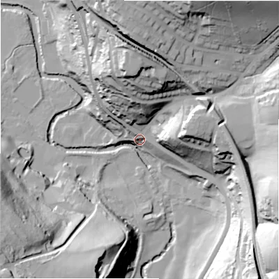 Shaded relief map of the ground around HD47NL, computed from Environment Agency LiDAR. The ground here sits at about 93 m above sea level and falls 72 m across the surrounding 800 m. Surface water reaching this point runs off ground lying to the north-north-east, 68.3 m higher.