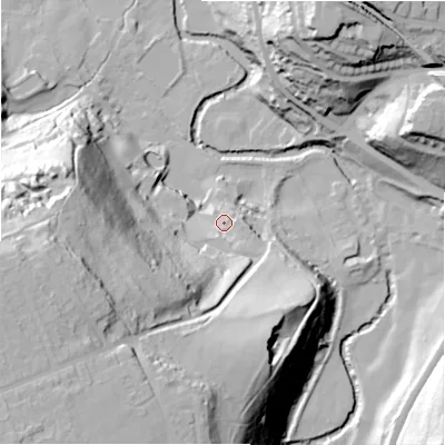 Shaded relief map of the ground around HD47NP, computed from Environment Agency LiDAR. The ground here sits at about 92 m above sea level and falls 77 m across the surrounding 800 m. Surface water reaching this point runs off ground lying to the south-west, 65.0 m higher.