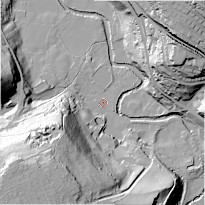 Shaded relief map of the ground around HD47NY, computed from Environment Agency LiDAR. The ground here sits at about 84 m above sea level and falls 78 m across the surrounding 800 m. Surface water reaching this point runs off ground lying to the south-west, 68.0 m higher.