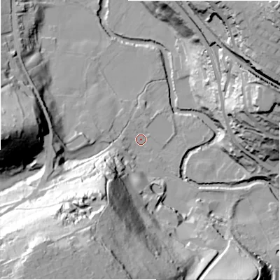 Shaded relief map of the ground around HD47NZ, computed from Environment Agency LiDAR. The ground here sits at about 84 m above sea level and falls 78 m across the surrounding 800 m. Surface water reaching this point runs off ground lying to the south-south-west, 54.8 m higher.