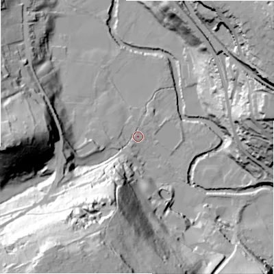 Shaded relief map of the ground around HD47PB, computed from Environment Agency LiDAR. The ground here sits at about 85 m above sea level and falls 78 m across the surrounding 800 m. Surface water reaching this point runs off ground lying to the south-west, 69.7 m higher.
