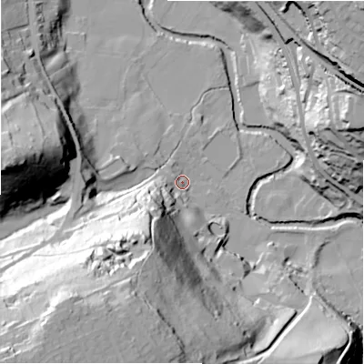 Shaded relief map of the ground around HD47PD, computed from Environment Agency LiDAR. The ground here sits at about 85 m above sea level and falls 82 m across the surrounding 800 m. Surface water reaching this point runs off ground lying to the south-south-west, 48.8 m higher.